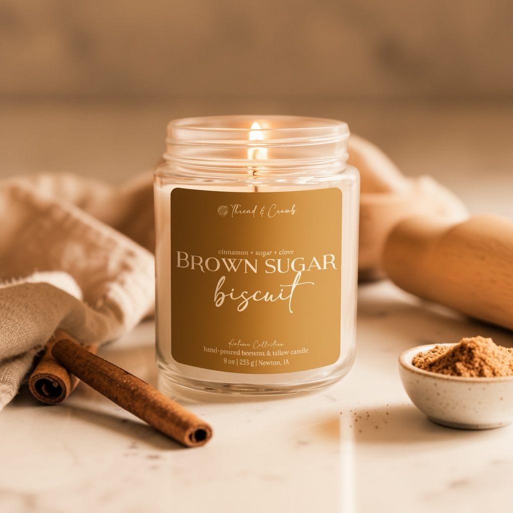 A lit candle in a clear glass jar with a tan label reading 'Brown Sugar Biscuit' by Thread & Crumb, styled on a tabletop with cinnamon sticks, a cloth, and a small bowl of spice.