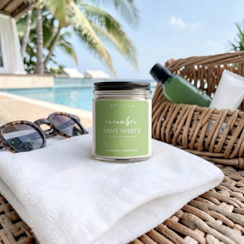 Handmade Cucumber Mint Spritz beeswax and tallow candle displayed poolside on a white towel beside sunglasses.