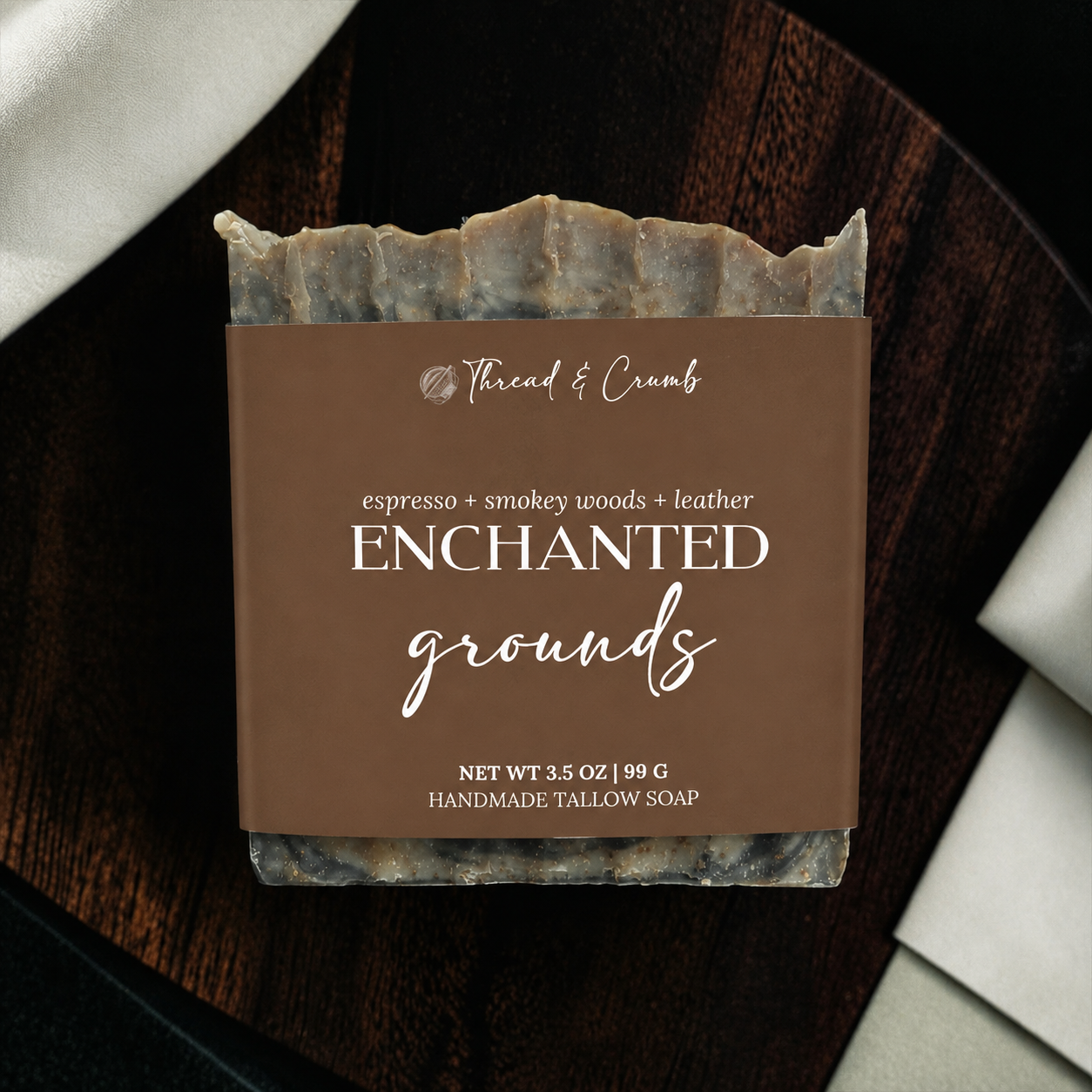 Enchanted Grounds handmade tallow soap with espresso, smoky woods and leather fragrance notes