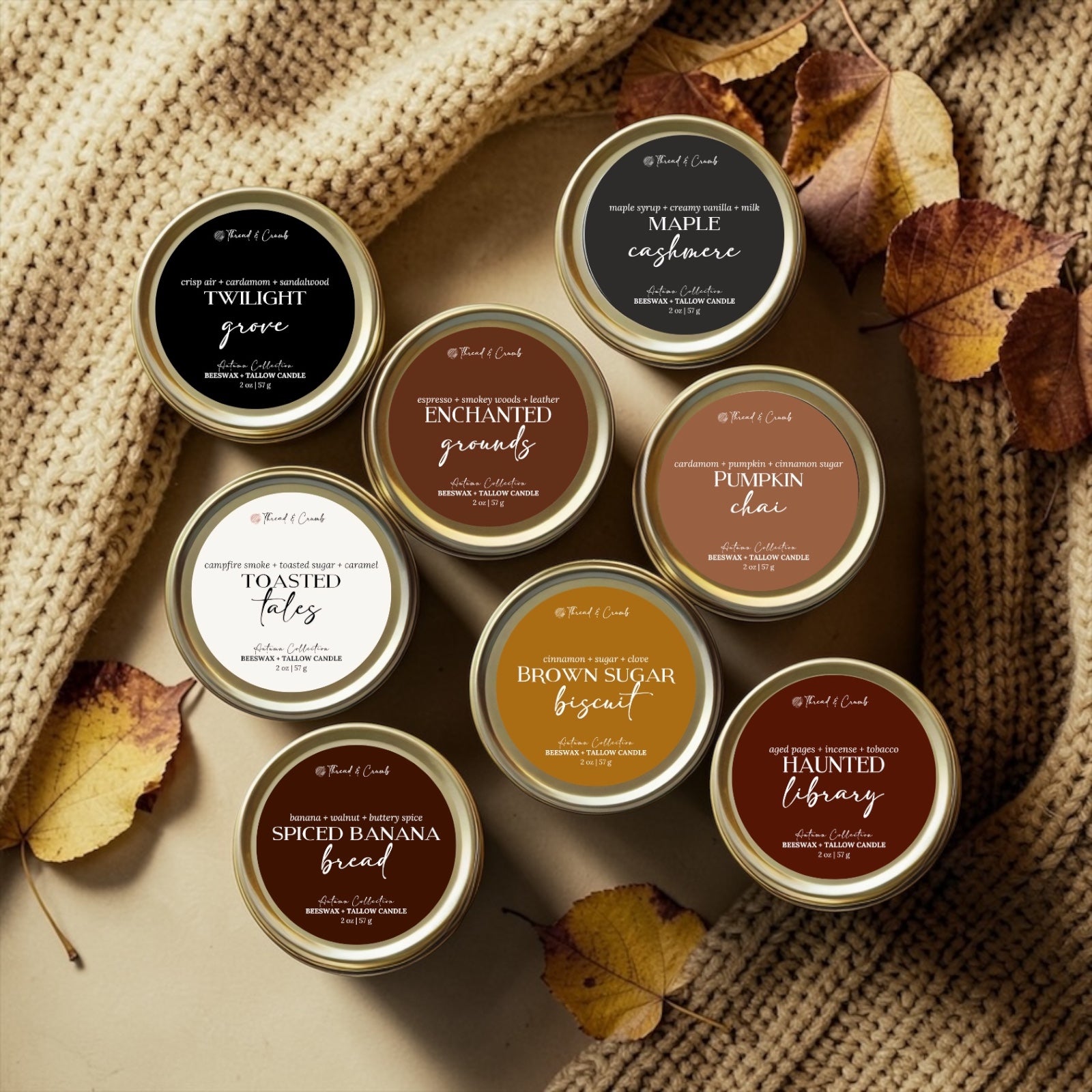 Handmade Fall Candle Sampler gift set featuring eight beeswax and tallow candles in seasonal scents.