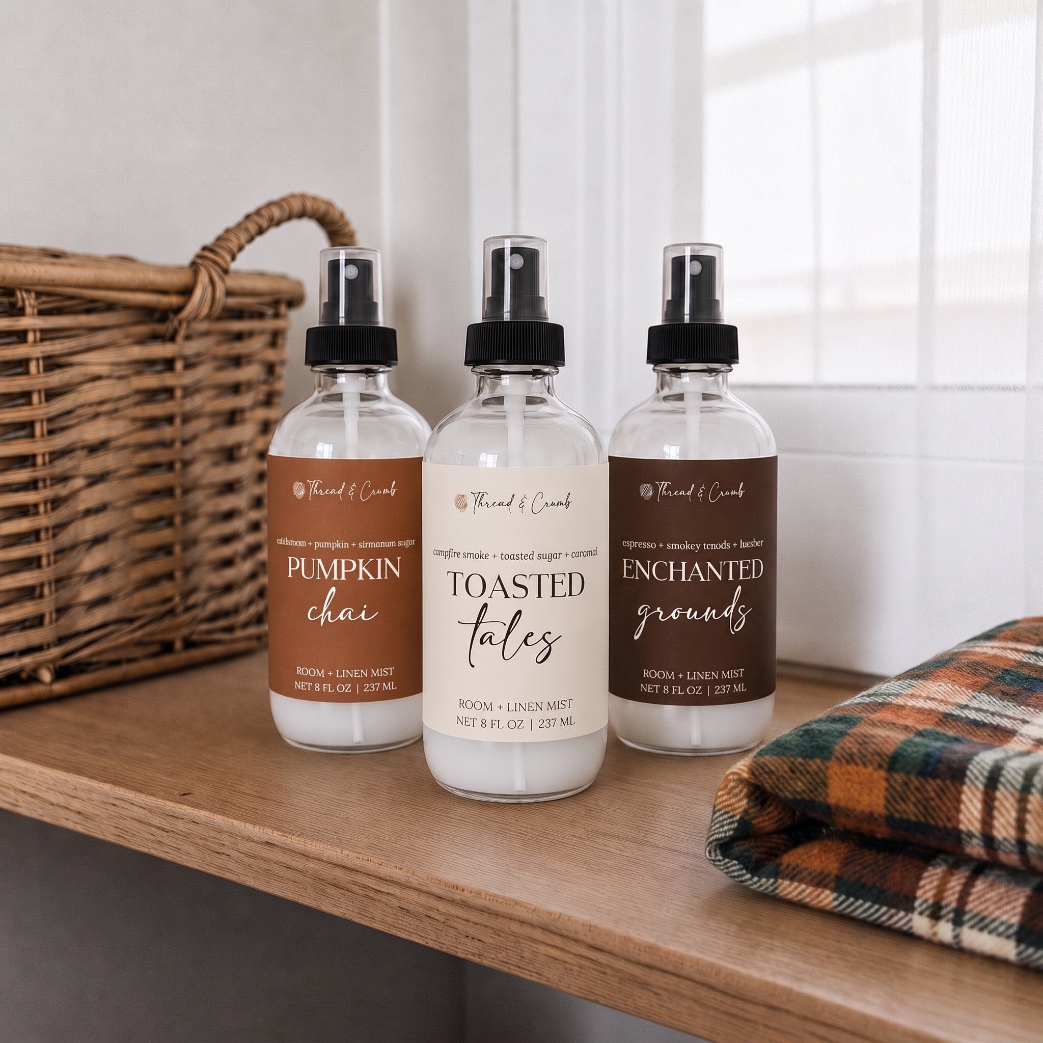 Fall room and linen sprays by Thread & Crumb in Pumpkin Chai, Toasted Tales and Enchanted Grounds scents