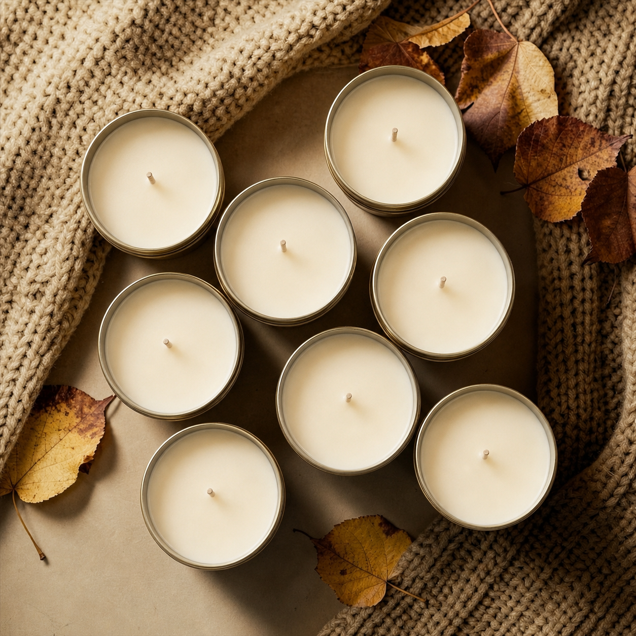 Eight small white wax candles in round metal tins are arranged on a neutral surface with a chunky beige knit blanket and scattered autumn leaves around them.