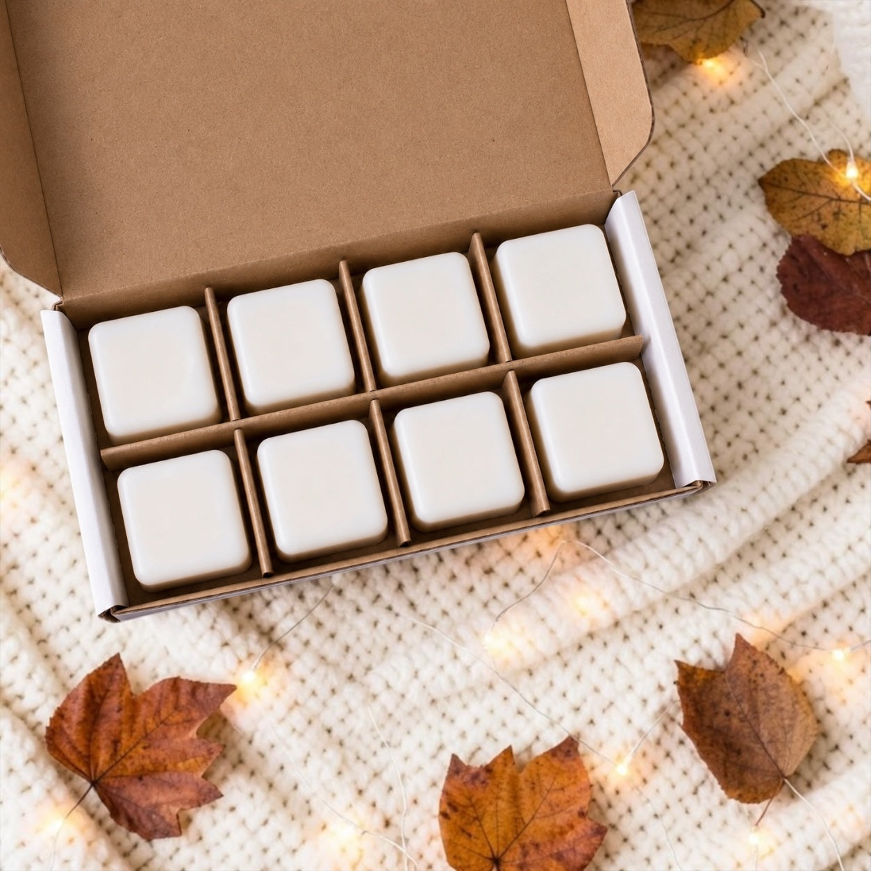Open Fall Collection wax melt sampler containing eight individual beeswax and tallow wax melts