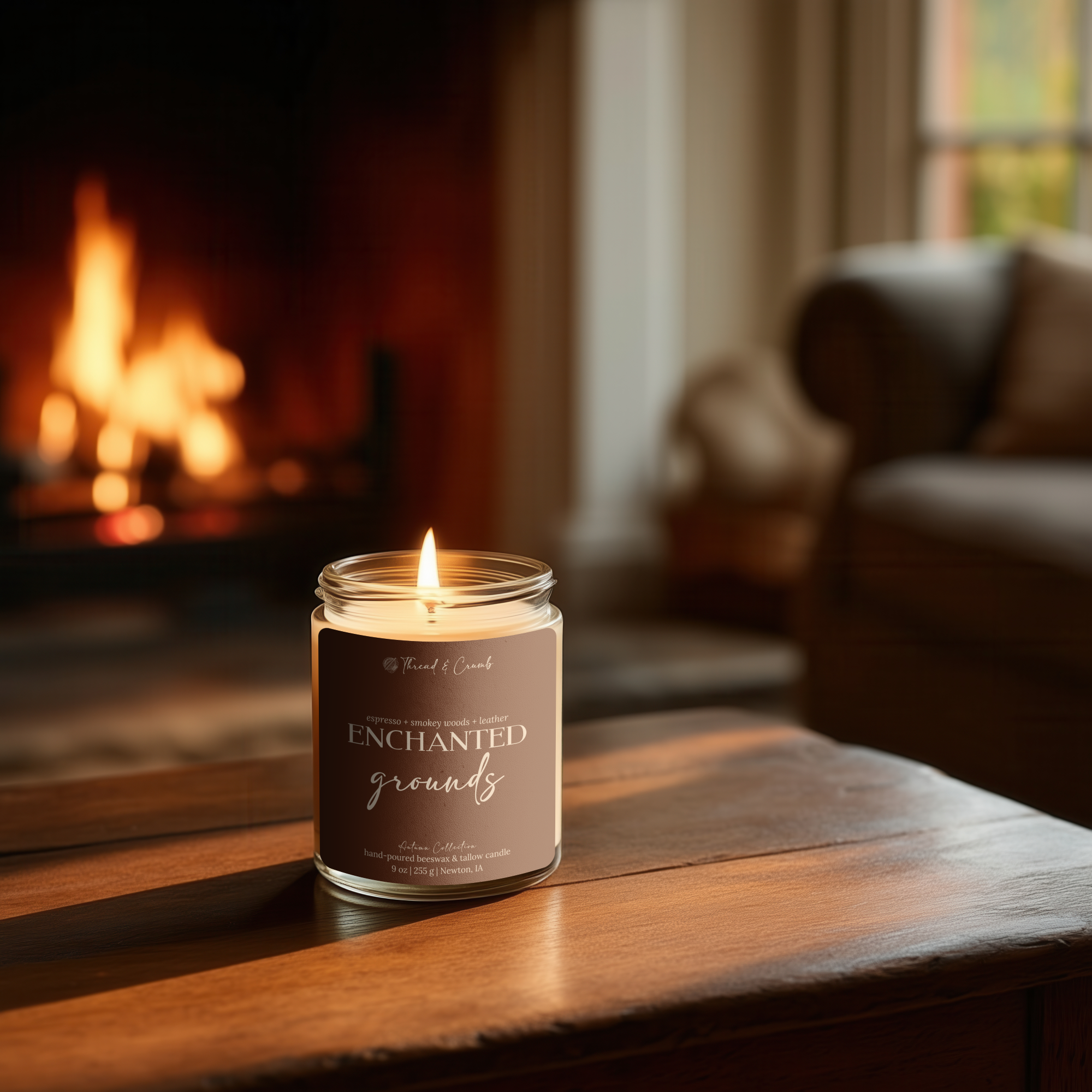 Haunted Library candle burning beside a fireplace for a cozy reading atmosphere.