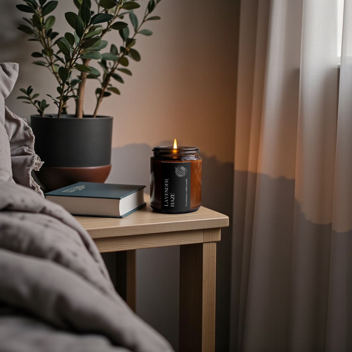 Lavender Haze amber jar candle burning on a bedside table beside books, a small plant, and soft bedding