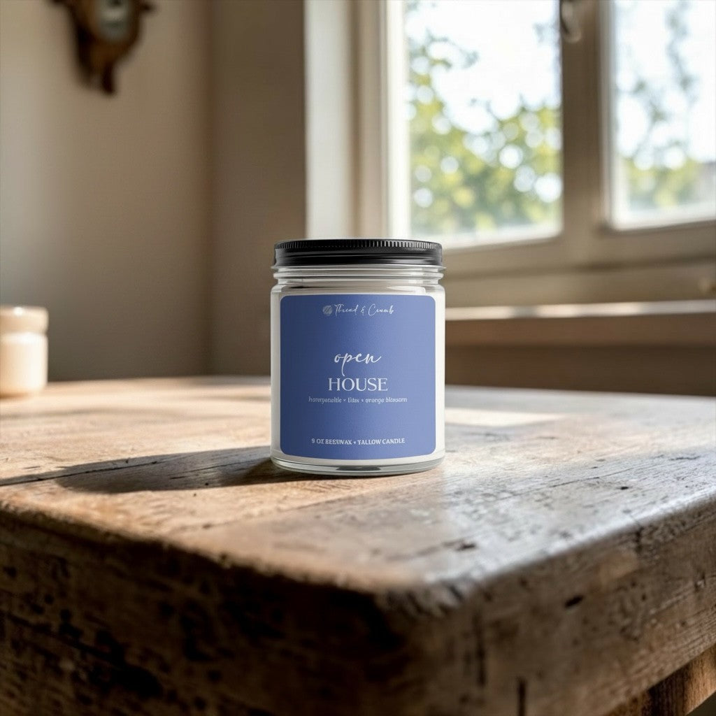 Handmade Open House beeswax and tallow candle displayed on a rustic table beside a sunlit window.