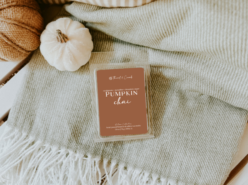 Pumpkin Chai fall wax melts with cardamom, pumpkin and cinnamon sugar fragrance notes