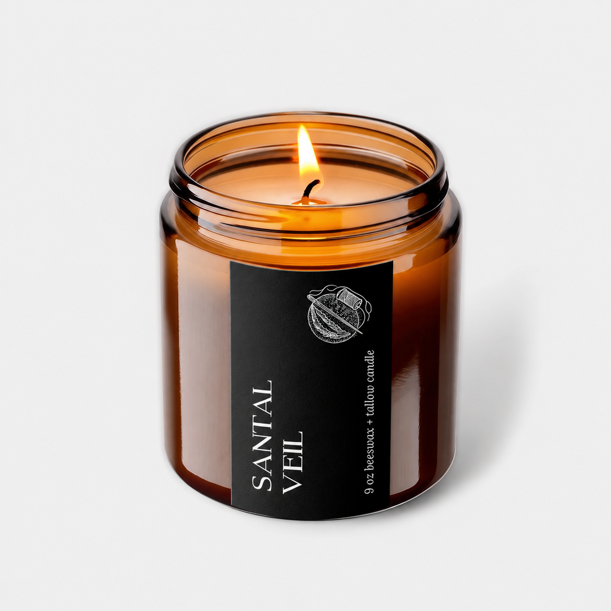 Santal Veil beeswax and tallow candle in an amber glass jar with black label and lit cotton wick
