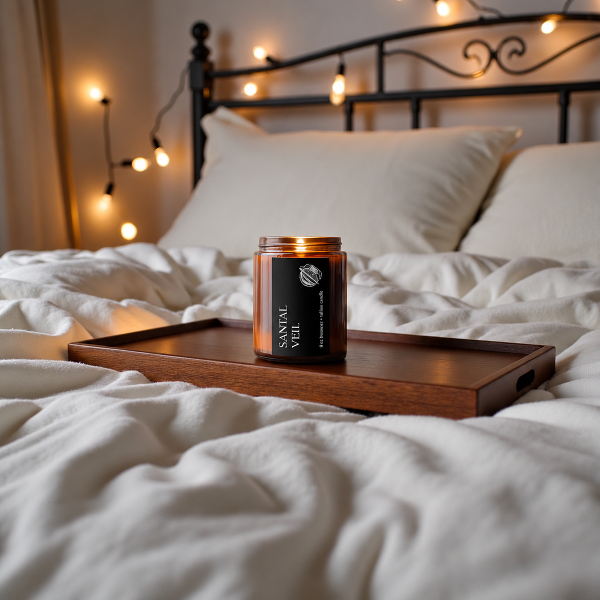 Santal Veil amber jar candle burning on a wooden tray over white bedding with warm string lights in the background