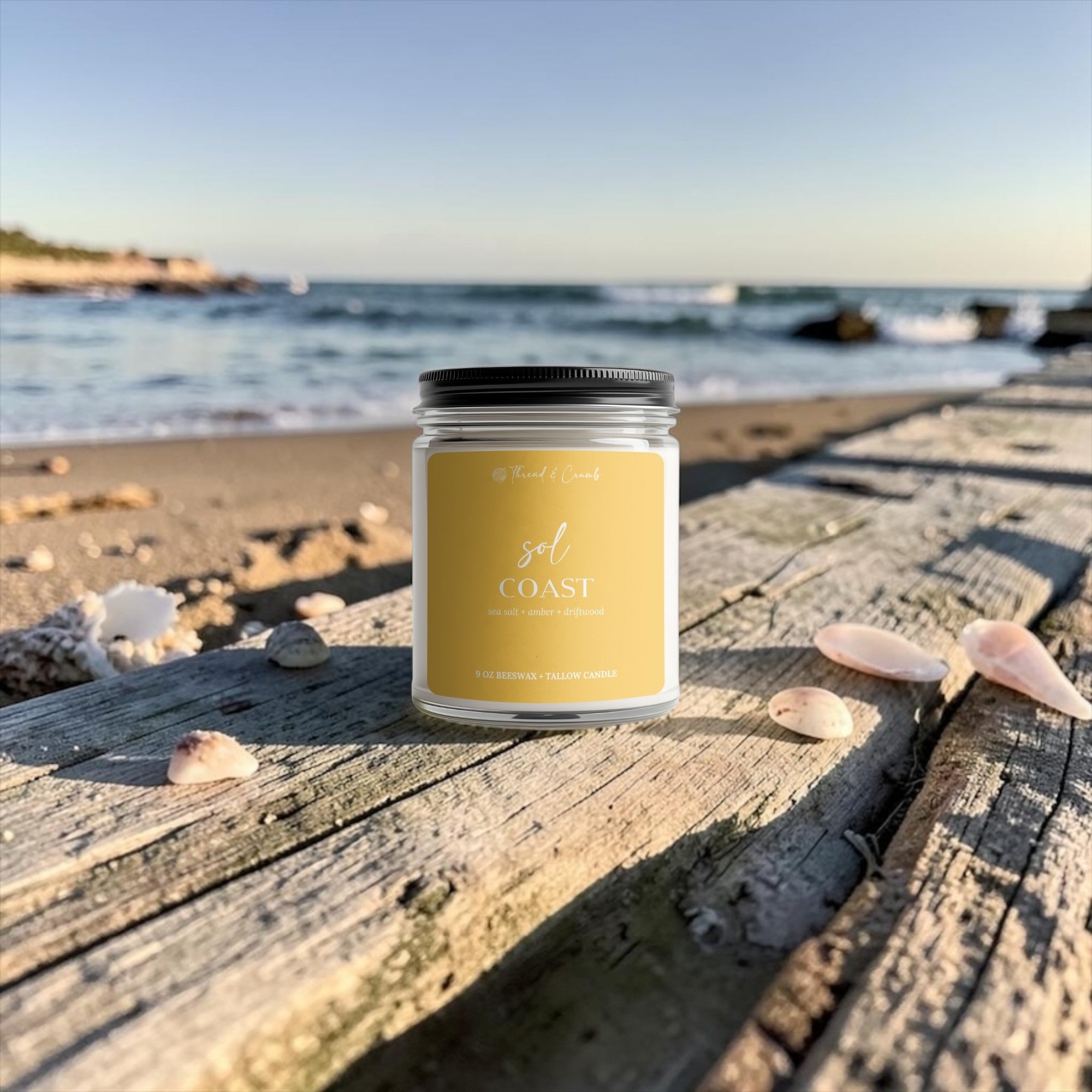Handmade Sol Coast beeswax and tallow candle displayed on driftwood overlooking the beach.