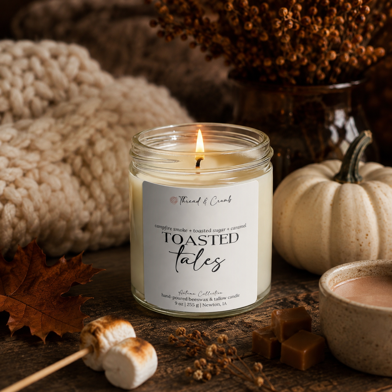 A lit candle in a clear glass jar labeled 'TOASTED tales' by Thread & Crumb, styled on a wooden board with autumn leaves, dried flowers, a white pumpkin, and a warm brown background.