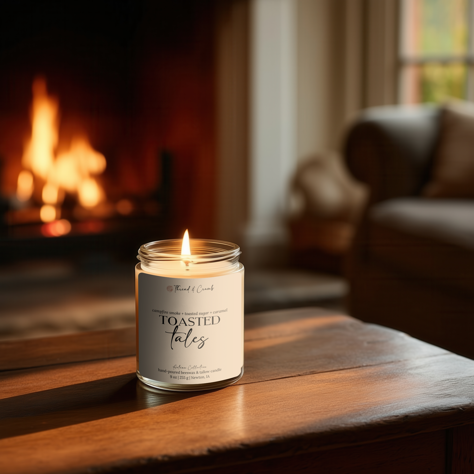 Handmade Toasted Tales beeswax and tallow candle burning beside a cozy fireplace.