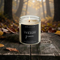 Twilight Grove fall beeswax and tallow candle with crisp air, cardamom and sandalwood fragrance notes in an autumn forest setting.